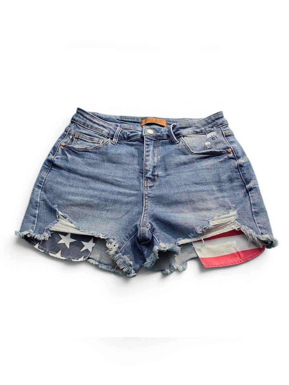 Judy Blue Women’s Distressed Denim Shorts with Flag Pocket Detail - Blue - Picture 2 of 13